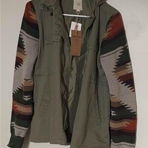 NWT Olive Green Cargo Jacket with Patterned Sleeves